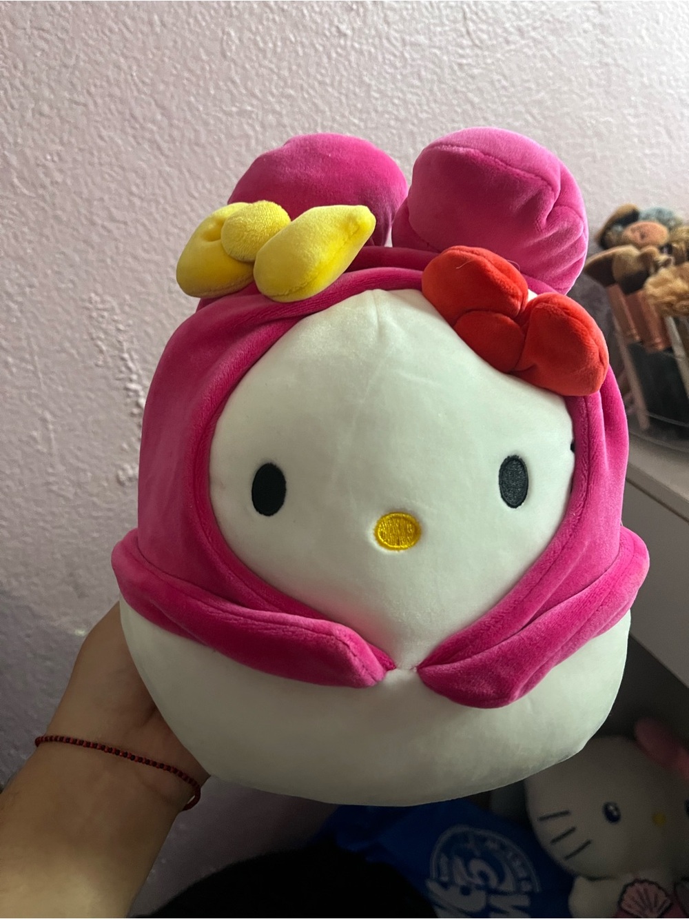 Hello Kitty Plush Pink Hood with Red and Yellow Bows